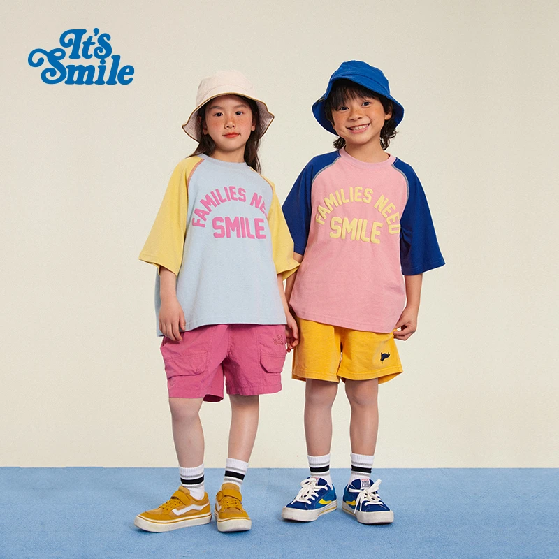 Its smile 24夏新品 日系儿童复古拼色插肩短袖T恤男女童休闲上衣