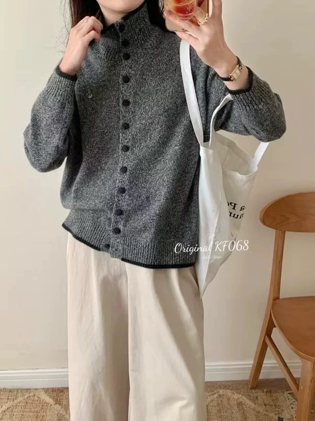 晨妹～韩版冬季慵懒风高领针织开衫单排扣上衣K068