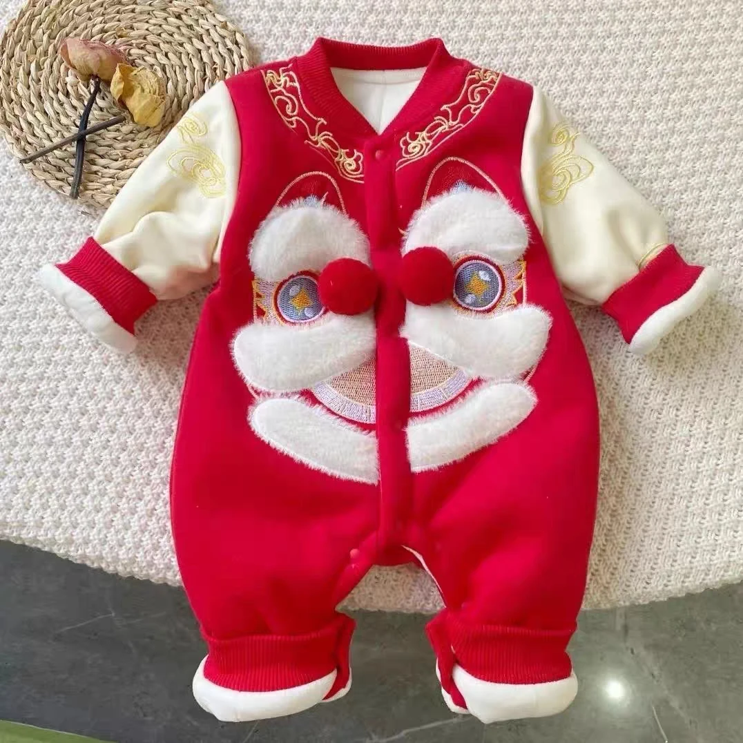 婴儿拜年服宝宝冬季连体衣加绒加厚中国风冬款洋气红哈衣色外出服