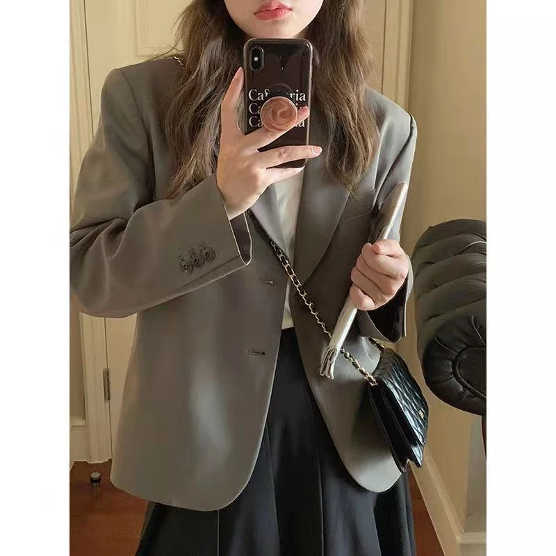 2025春秋小西装外套女休闲百搭英伦风灰色短款ins西服小个子上衣