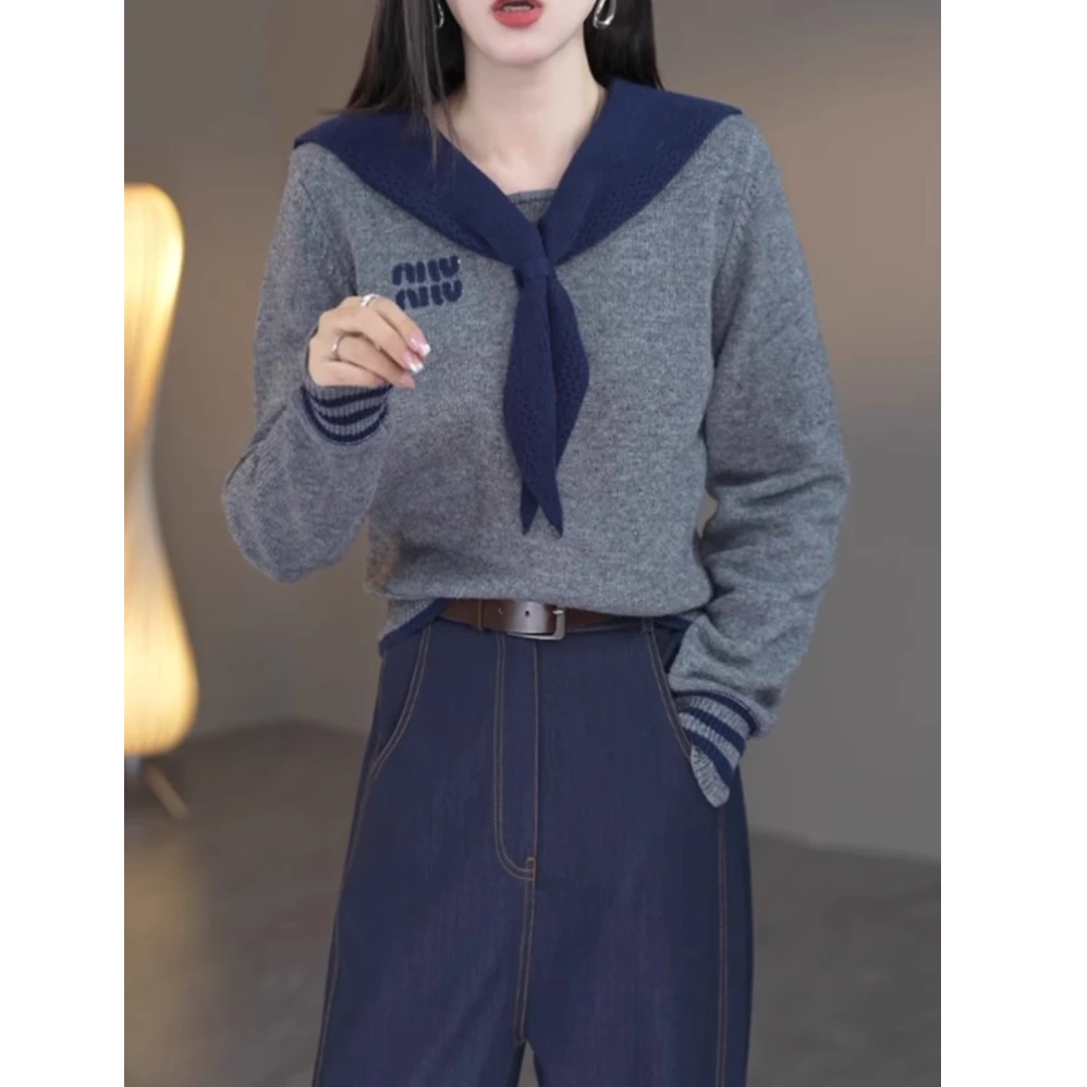海军领假两件针织打底衫女春秋2025新款上衣字母毛衣设计感G5-47