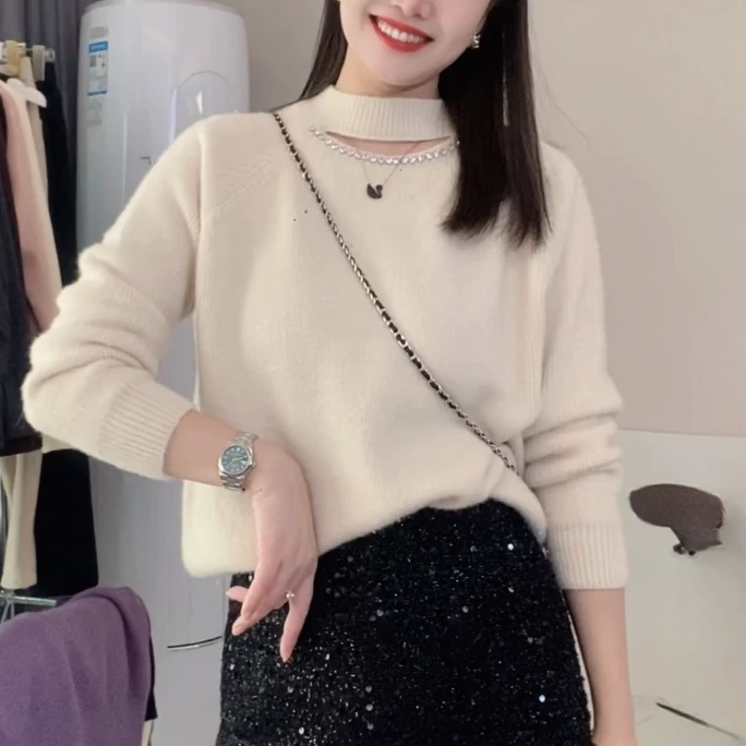 2025韩系秋冬季新款百搭订钻镂空气质针织衫打底毛衣女上衣H3-86