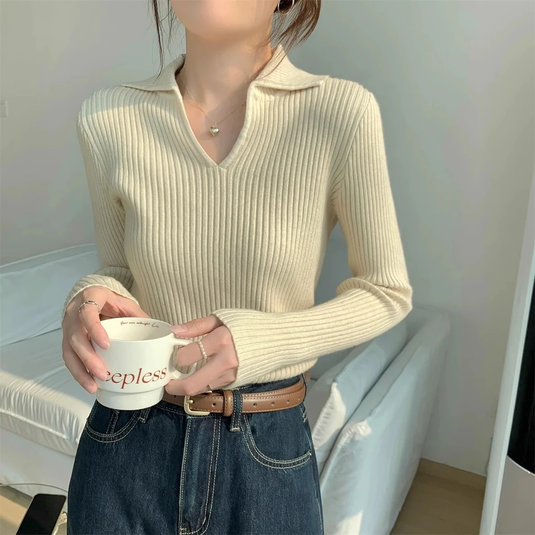 气质V领韩版坑条针织衫毛衣2025早秋冬季毛衣修身打底女上衣D4-10