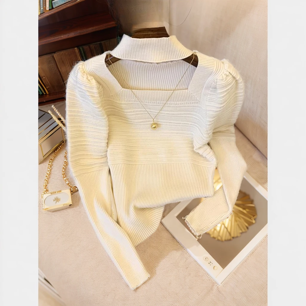 【现货】设计挂脖方领针织衫女冬季新款百搭显瘦长袖内搭上衣C8-34