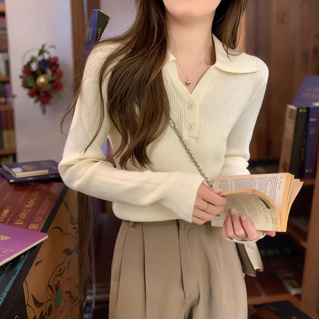 【现货】2024秋冬修身毛衣百搭显瘦翻领设计感韩版长袖洋气针织A3-9