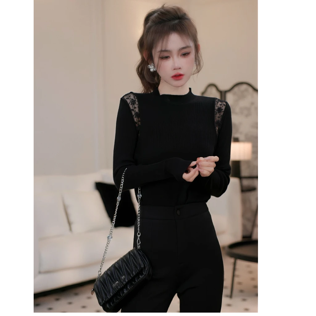 2025韩系新款气质小心机百搭蕾丝针织衫春季拼接修身女上衣H3-37