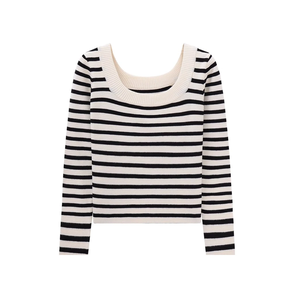 时尚法式U领黑白条纹针织衫修身2025新款长袖气质减龄打底女A3-45