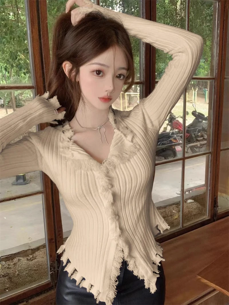 【现货】流苏针织开衫女秋冬加厚修身毛衣内搭不规则长袖上衣E2-10