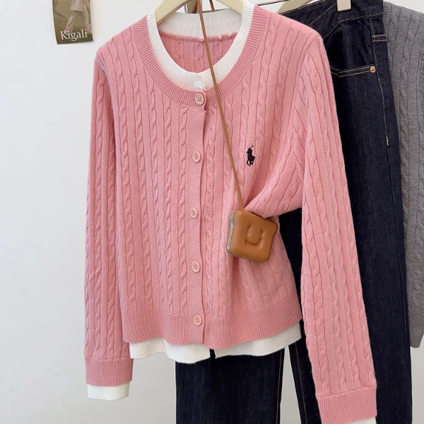 粉色圆领撞色假两件刺绣长袖针织开衫2025春秋麻花毛衣上衣F6-83