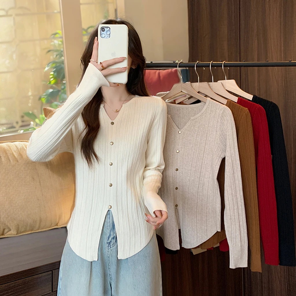 时尚长袖针织衫女2024秋显瘦设计感开叉内搭打底衫上衣遮肉A9-23