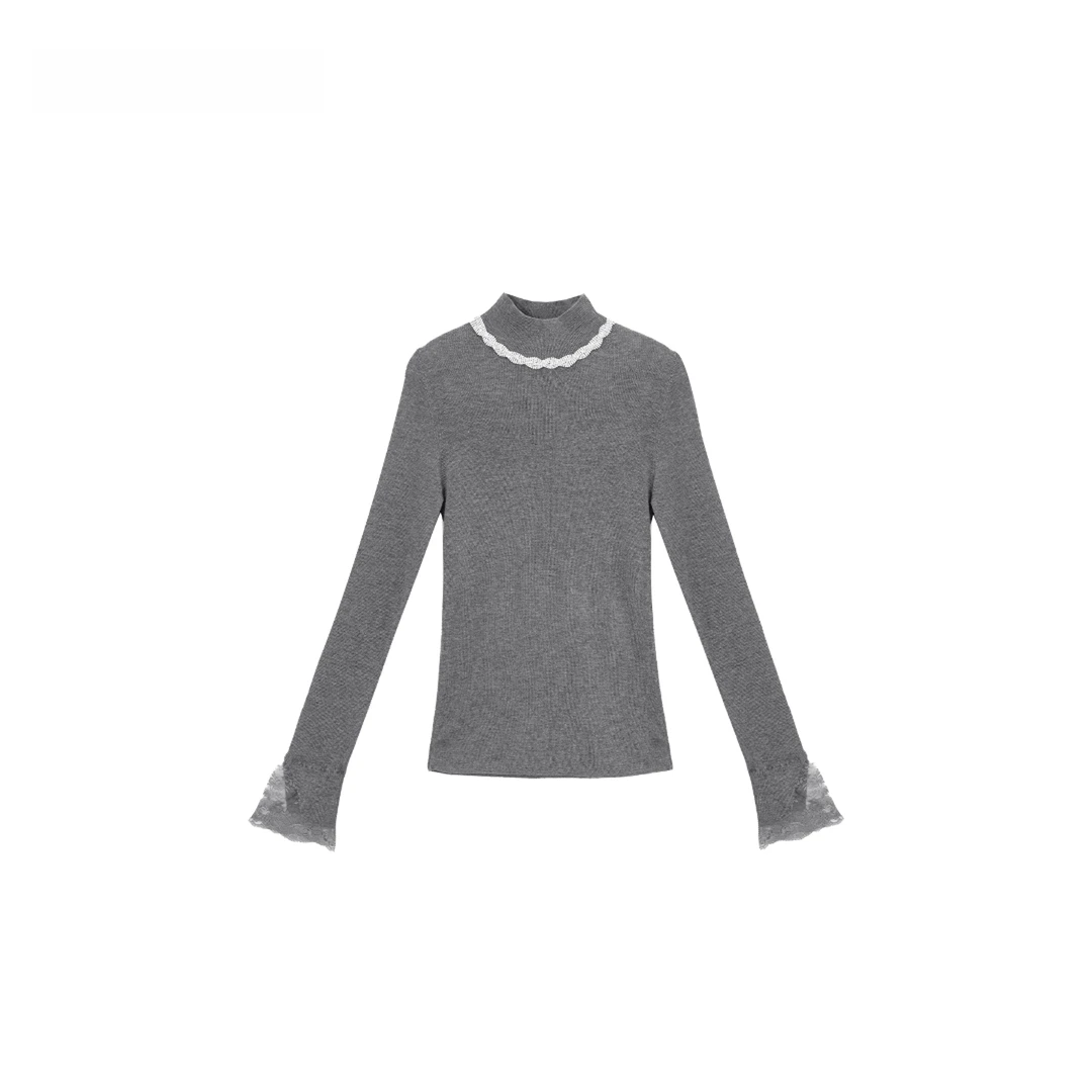 2025时尚新款时尚法式高级感纽带蕾丝袖口内搭女士针织衫H2-53