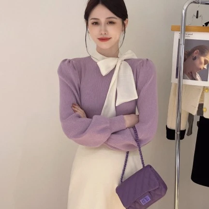 现货-春季新款法式蝴蝶结针织打底衫女韩系别致上衣温柔毛衣A9-29