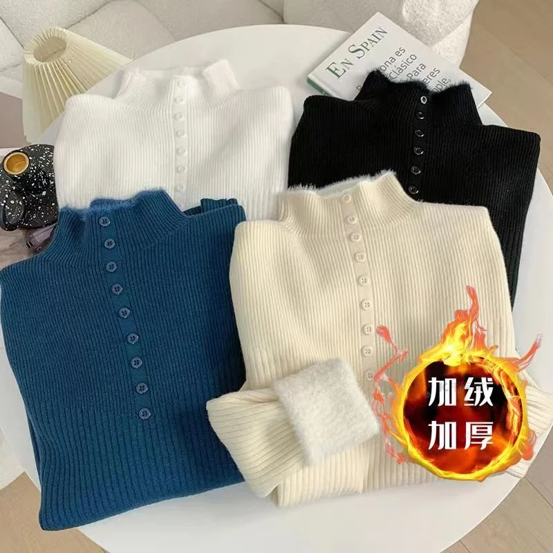 【现货】半高领长袖一体绒毛衣女秋冬季新款韩版加绒加厚打底F1-18