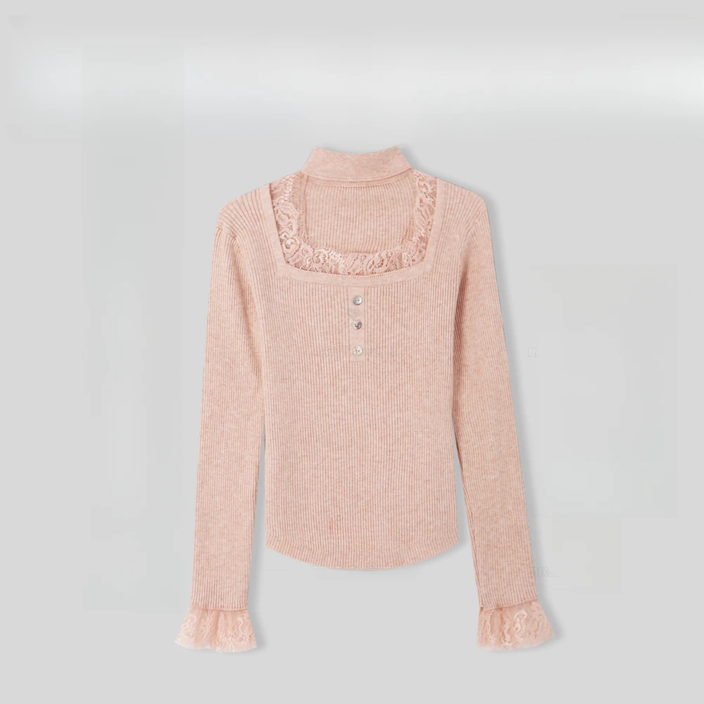 2025法式秋冬新款百搭纯欲甜美蕾丝边方领针织衫显瘦女上衣H2-11