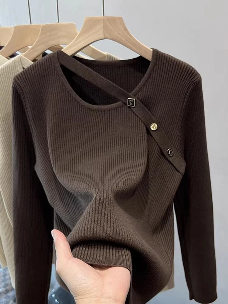 2025女士新款毛衣春秋别致小性感上衣不规则外穿针织打底衫A8-46