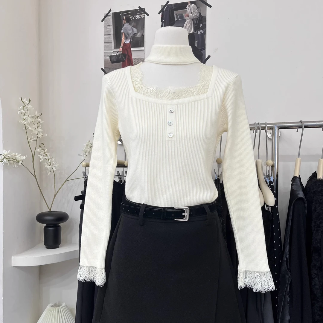 温柔娇俏感方领针织打底衫女2026春秋新款蕾丝拼接挂脖上衣H2-11