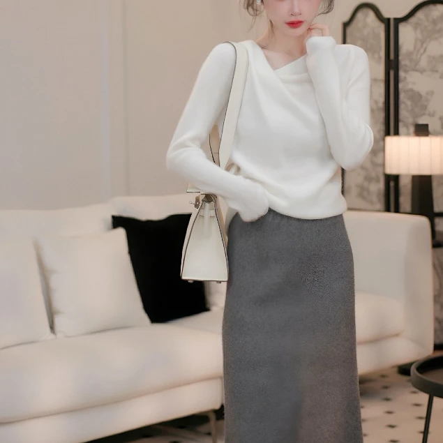 2026春秋法式气质新款百搭女针织衫显瘦气质不规则褶皱毛衣H3-80