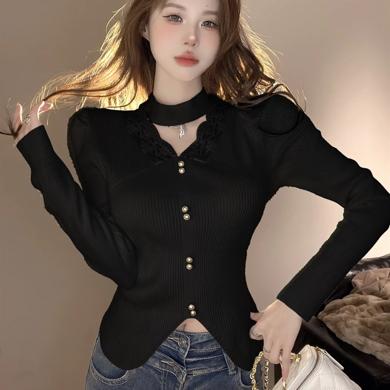 2025秋冬季V领拼接蕾丝边修身甜美单排扣挂脖不规则毛针织衫H4-12