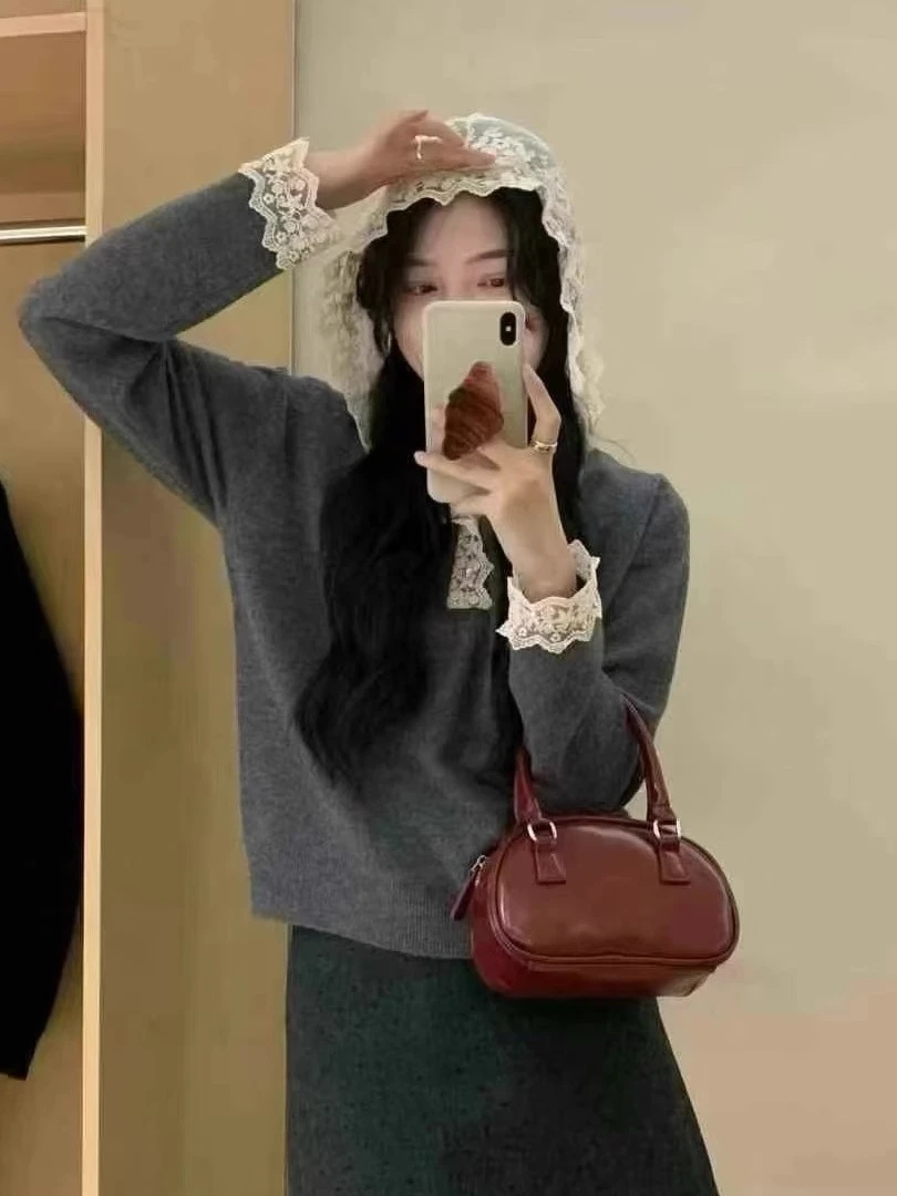 连帽针织衫2025春季新款法式时尚蕾丝花边拼接设计内搭毛衣H2-40