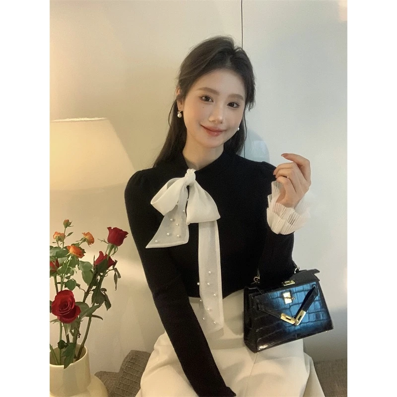 【现货】法式蝴蝶结半高领气质针织打底衫女修身显瘦内搭毛衣C8-27