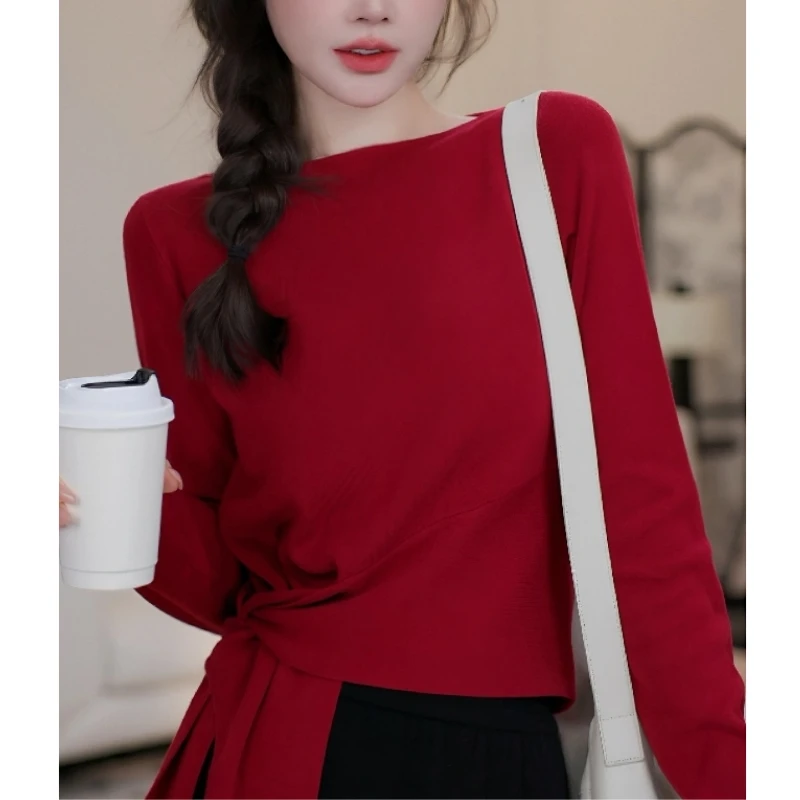 一字领针织衫女2025秋新款打底长袖内搭设计感气质修身显瘦F8-23