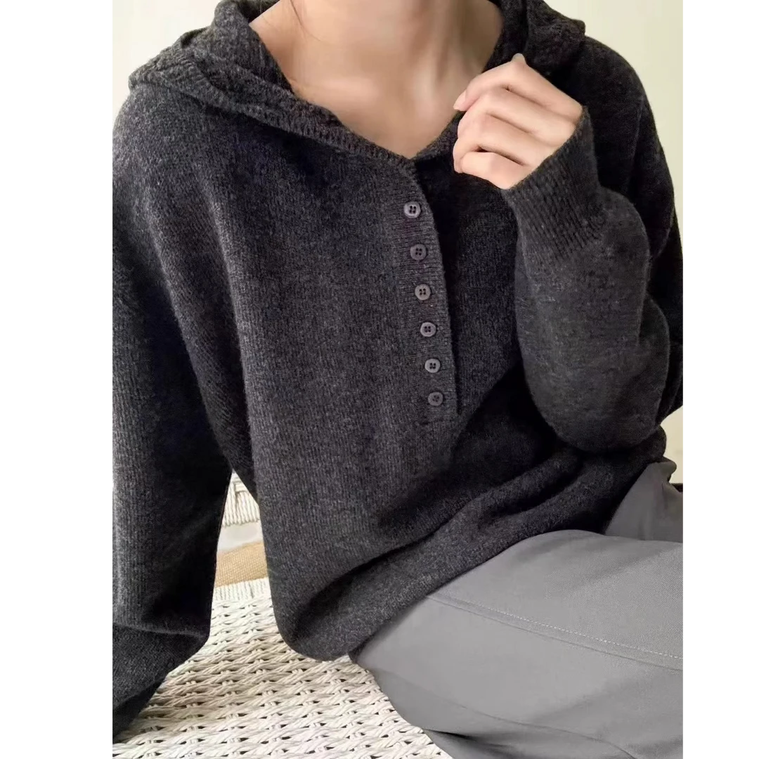 2025新款蕾丝连帽半开扣针织衫女欧货时尚百搭宽松显瘦上衣H2-26