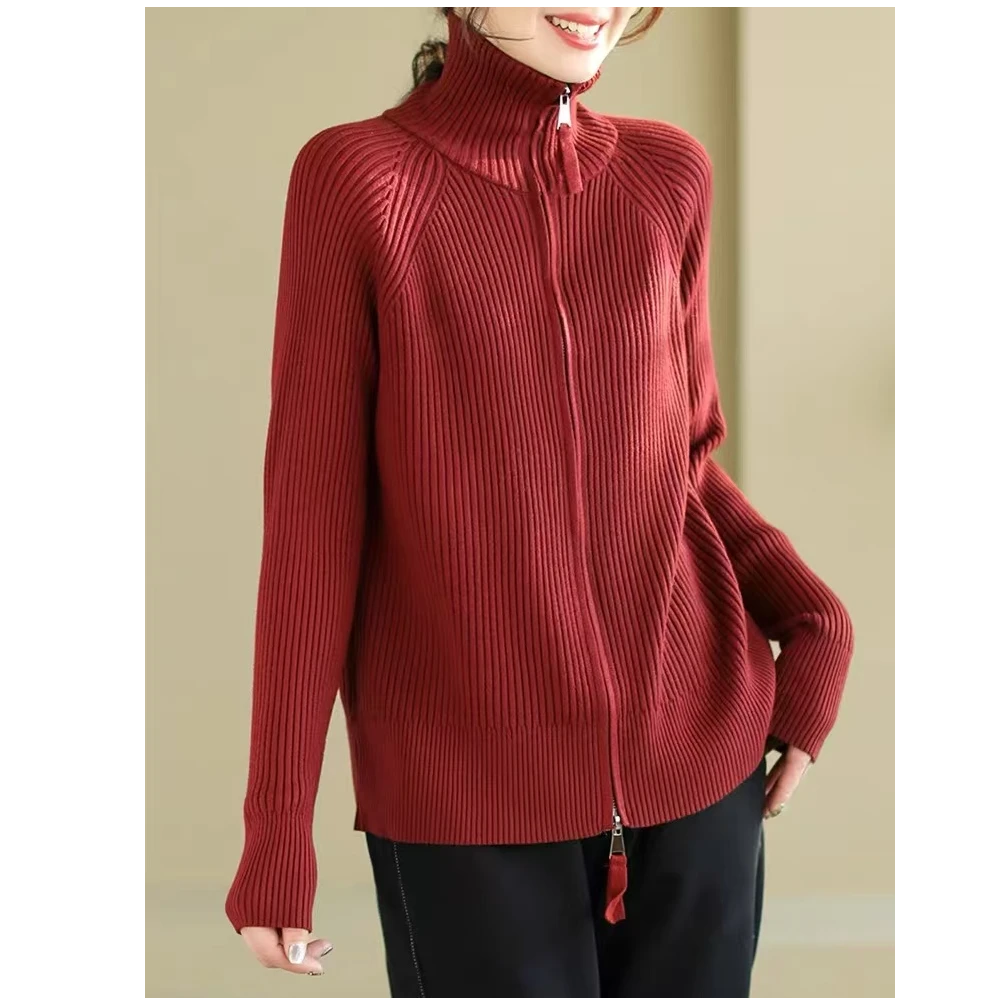 2026时尚厚款双拉链立领开衫针织衫长袖休闲开衫外套上衣A6-22