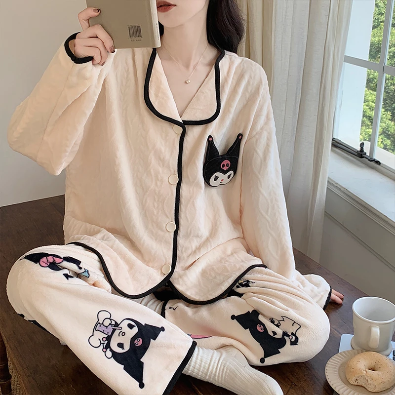 秋冬季法兰绒睡衣女翻领开衫长袖麦穗珊瑚绒休闲高颜值家居服套装