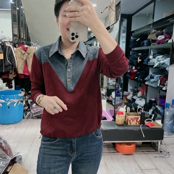 秋冬女拼接牛仔半开领百搭2色休闲上衣867品