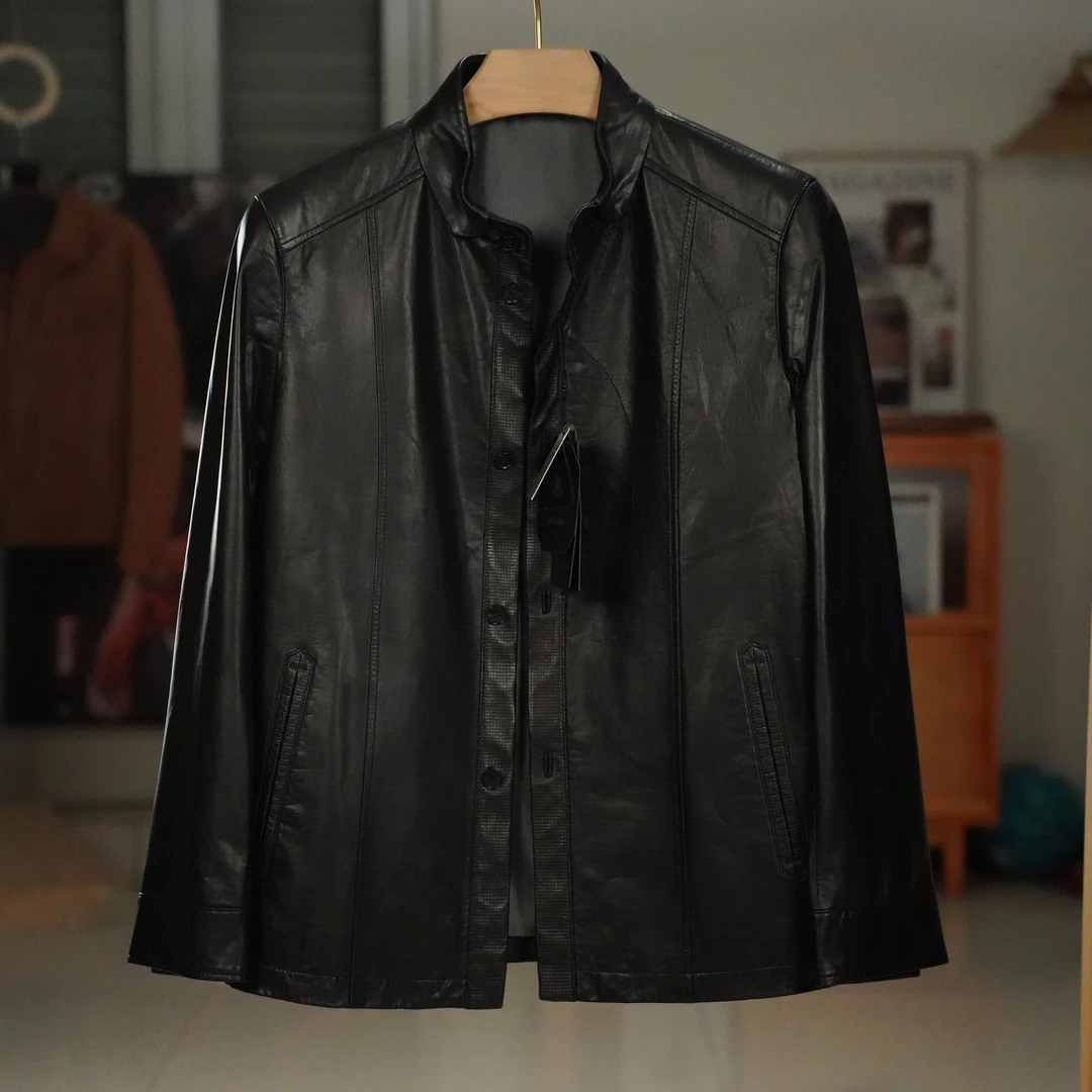 2024男士胎牛皮春秋夹克衫休闲时尚立领百搭真皮秋季