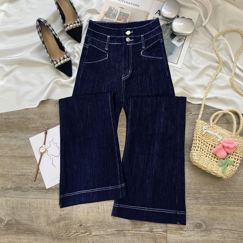 丹宁蓝高腰微喇时尚女春秋2025款新款百搭显瘦修身马蹄喇叭裤子