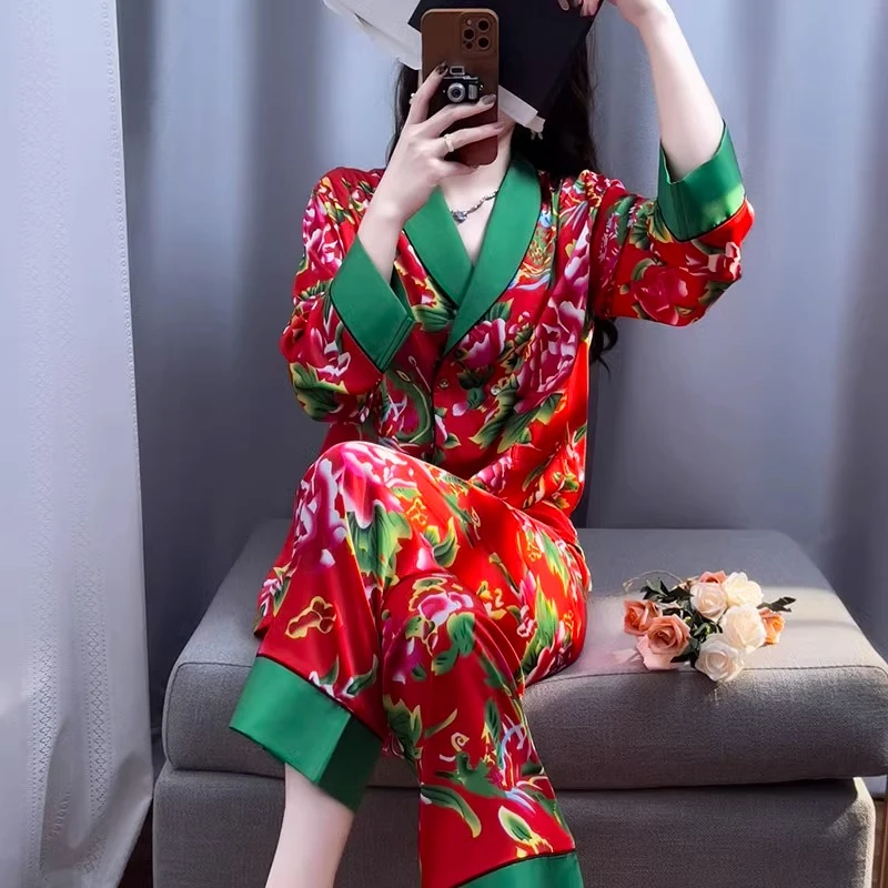 tpvl【东北大花贡缎】复古中国风睡衣女春秋季爆款红色本命年家居服