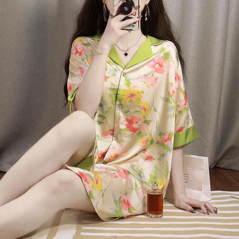 tpvl原创设计印花睡裙女短袖甜美绿色冰丝家居服夏季清新网红睡衣