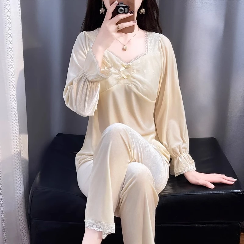 tpvl品质丝绒睡衣女秋冬季2025新款家居服套装长袖纯色简约可外穿