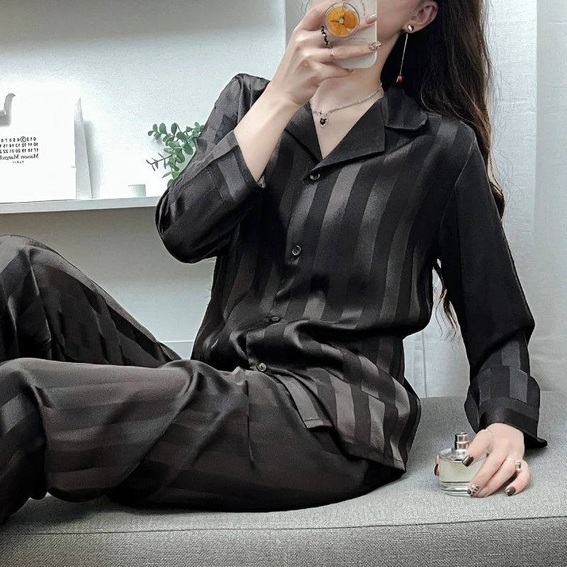 tpvl主播推荐条纹高级感黑色睡衣女春秋长袖衬衫冰丝绸家居服简约