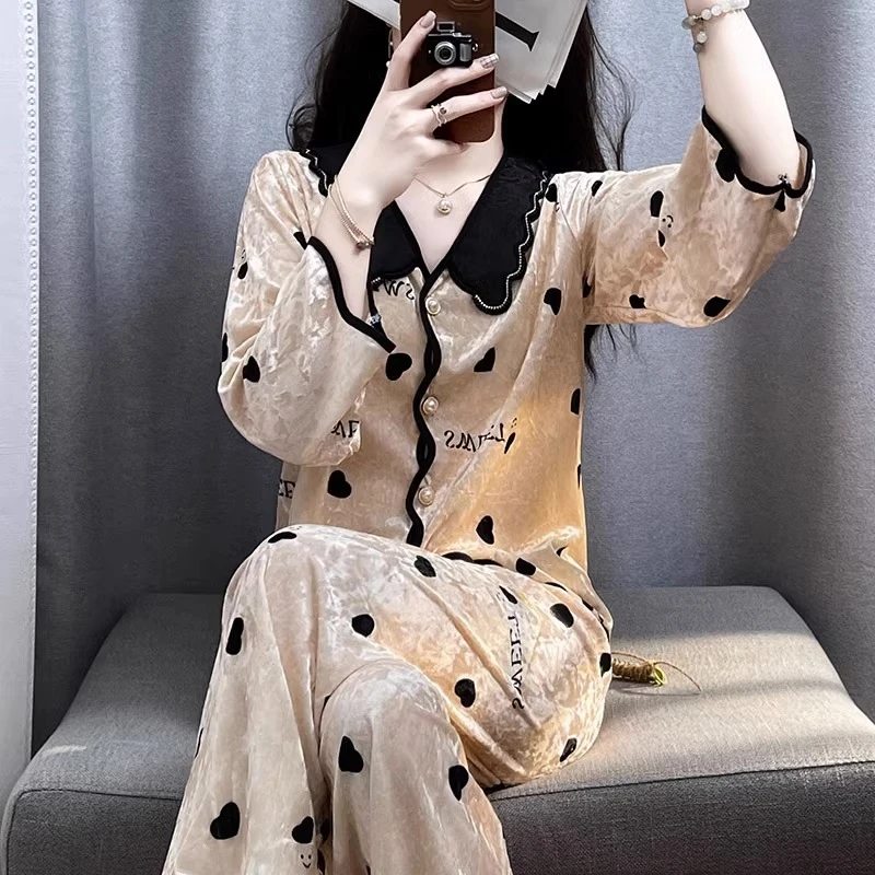 tpvl钻石丝绒睡衣女春秋秋冬季长袖家居服套装法式2025新款娃娃领