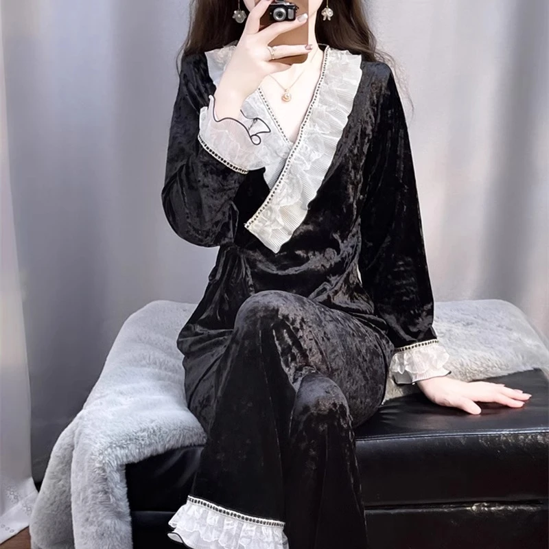 TPVL旗舰正品轻奢法式丝绒睡衣女秋冬家居服甜美套装2025新款爆款