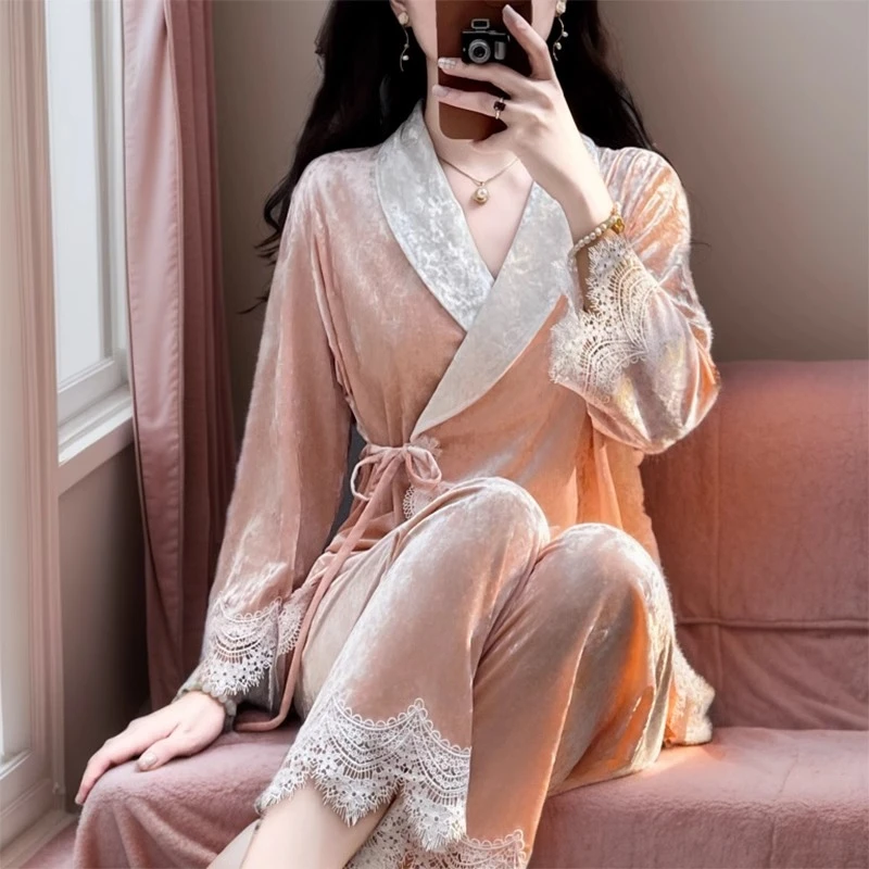 TPVL旗舰正品高级感钻石丝绒睡衣女士秋冬系带家居服2024新款爆款