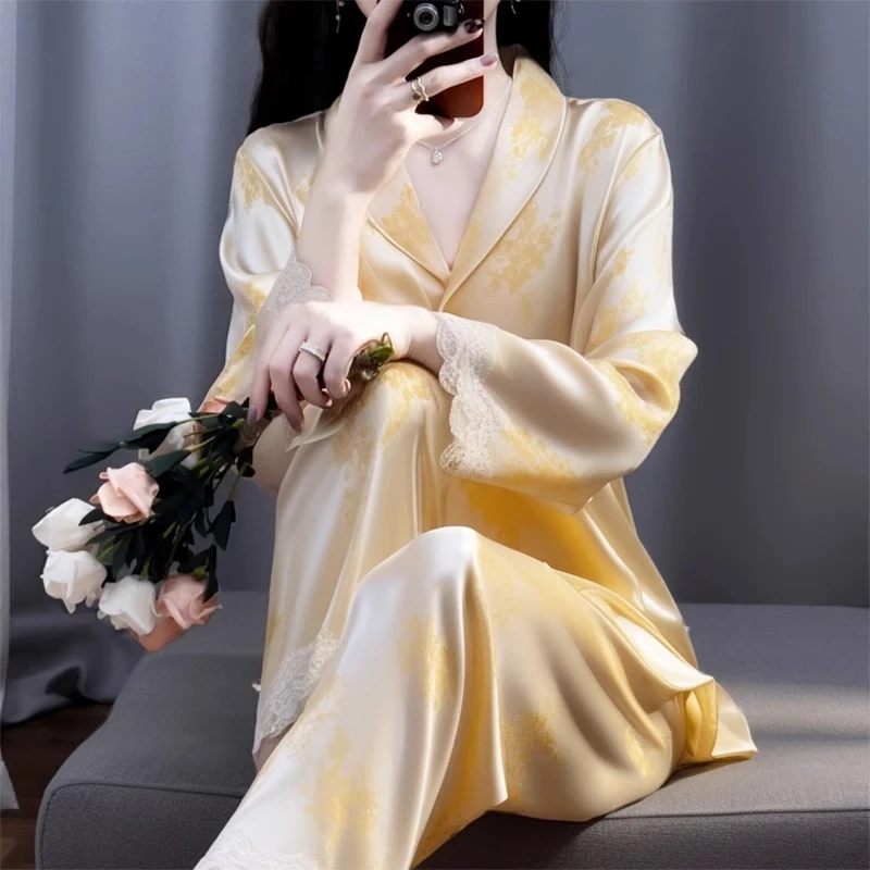 tpvlV领睡衣女款爆款2025新款春秋长袖冰丝新款家居服黄色水光绸