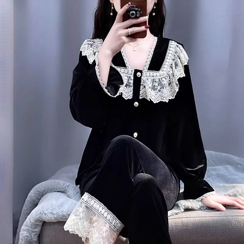 tpvl高级感丝绒法式宫廷甜美睡衣女秋冬套装黑色小香风家居服春秋