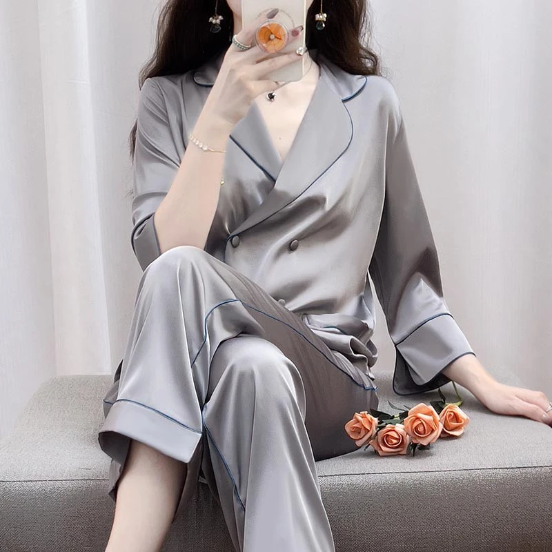 tpvl凉感高级灰双排扣睡衣女长袖薄款空调家居服可外穿冰丝夏宽松