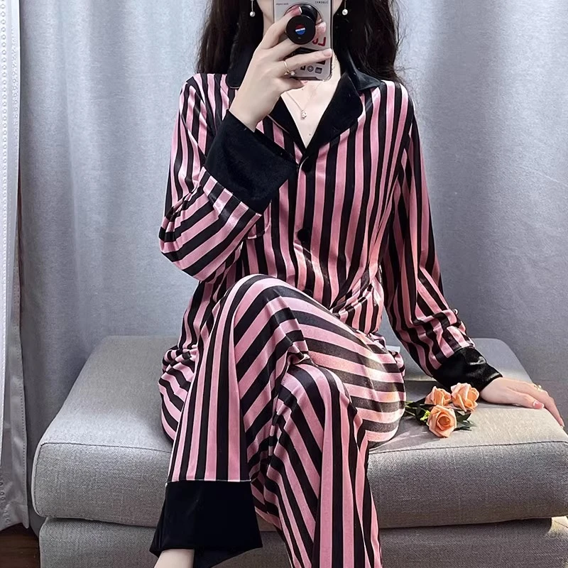 tpvl轻奢时尚高档丝绒睡衣女春秋季条纹秋冬家居服可外穿2023新款