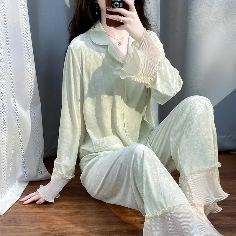 tpvl轻奢法式钻石丝绒睡衣女秋冬木耳边甜美绿色家居服套装高级感