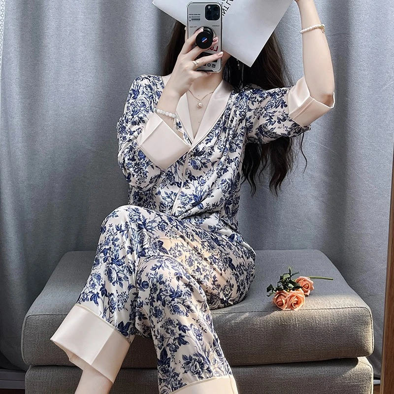 tpvl新中式中国风青花轻奢睡衣女长袖春秋套装家居服薄款冰丝2025