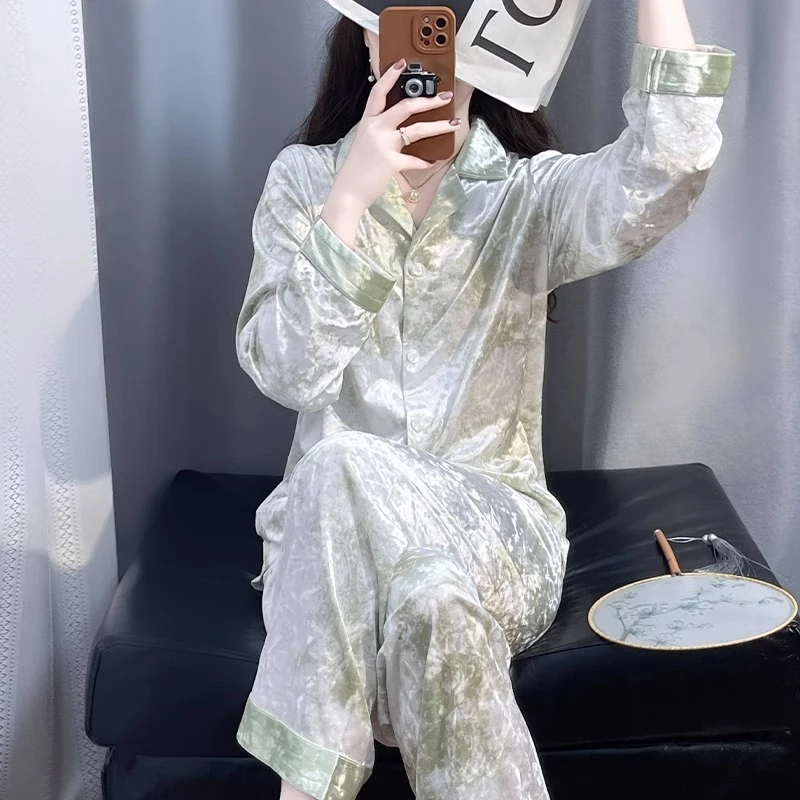 新款钻石丝绒睡衣女秋冬原创家居服套装绿色高级感可外穿春秋