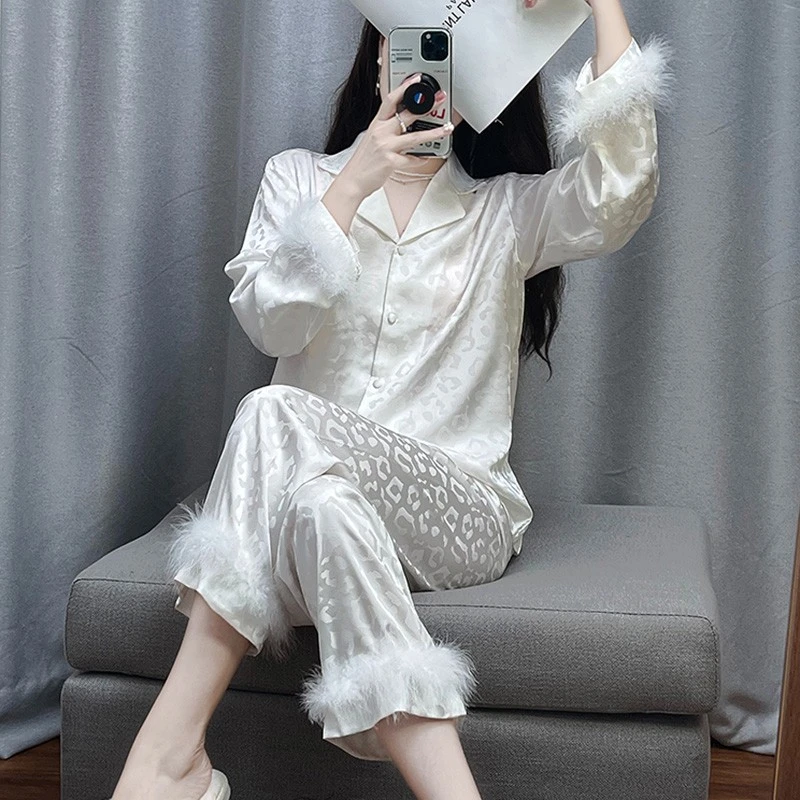 tpvl轻奢幂秘家羽毛拼接睡衣女春秋长袖白色高级感家居服主播推荐