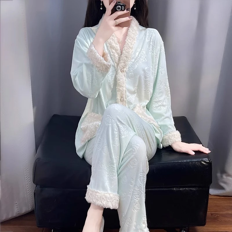 tpvl半边绒2025新款睡衣女秋冬毛边加厚保暖家居服套装可外穿蓝色