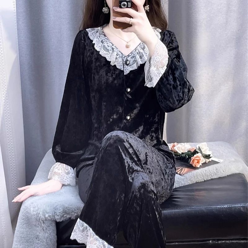 tpvl轻奢法式钻石丝绒睡衣女秋冬甜美宫廷家居服套装黑色2025新款