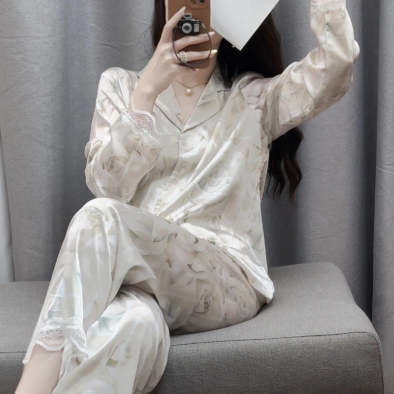 tpvl轻奢印花睡衣女士春夏长袖蕾丝边甜美外穿家居服时尚网红推荐