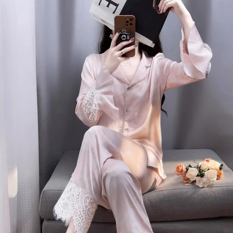 tpvl法式甜美水钻蕾丝睡衣女春秋粉色宫廷风设计感小众家居服2025